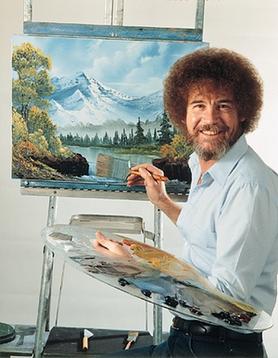 Painter Bob Ross working on a mountain landscape